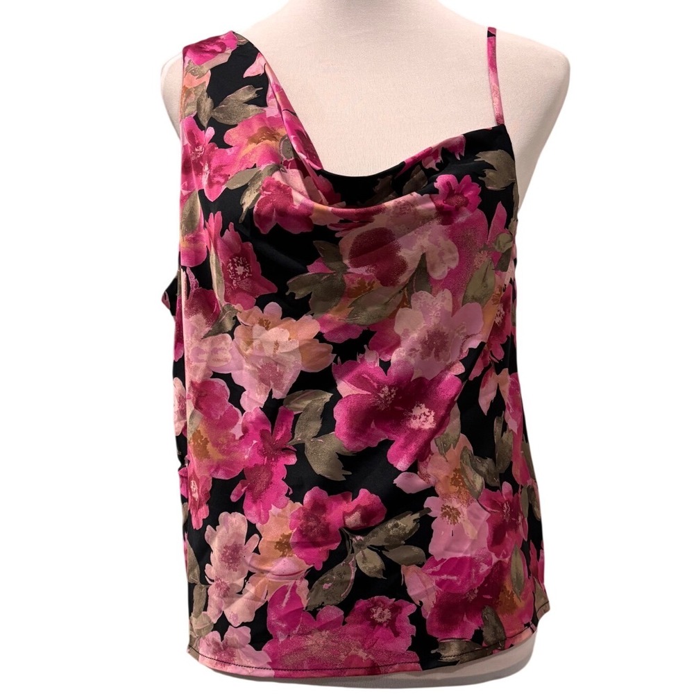 Gilli Floral Camisole‎ Women L Pink Black One Shoulder Cowl Neck Satin Top